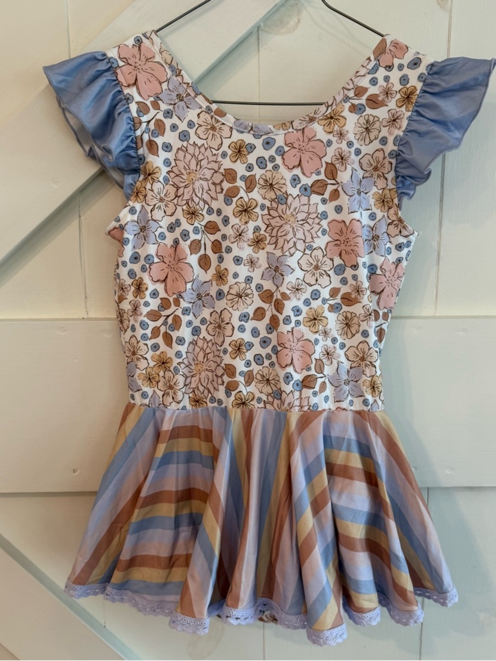 NWT Cheeky Plum Floral Rainbow Twirl Leotard Dance Ruffle Sleeves Girls Size 8